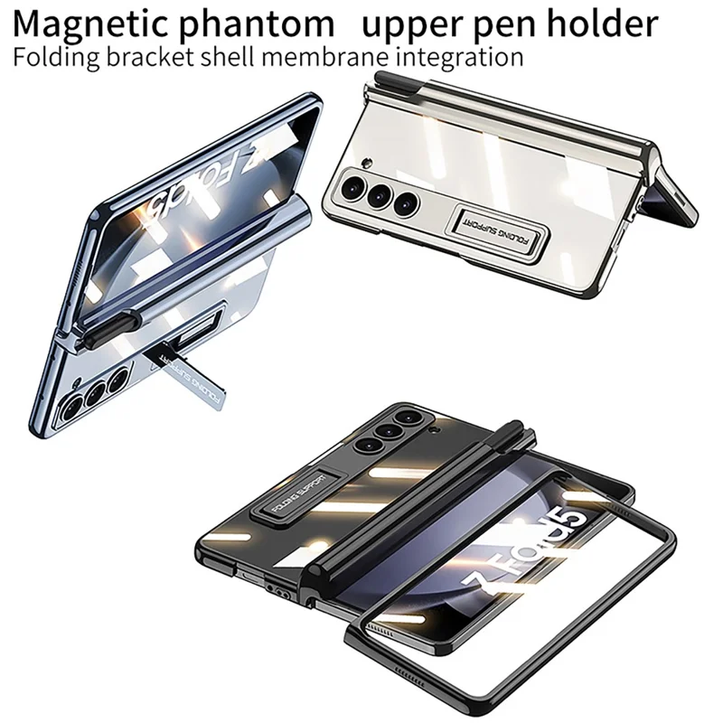 GKK Für Samsung Galaxy Z Fold5 5G Cover Pen Holder Einstellbarer Ständer PC Handyhülle mit Frontschutzfolie - Schwarz