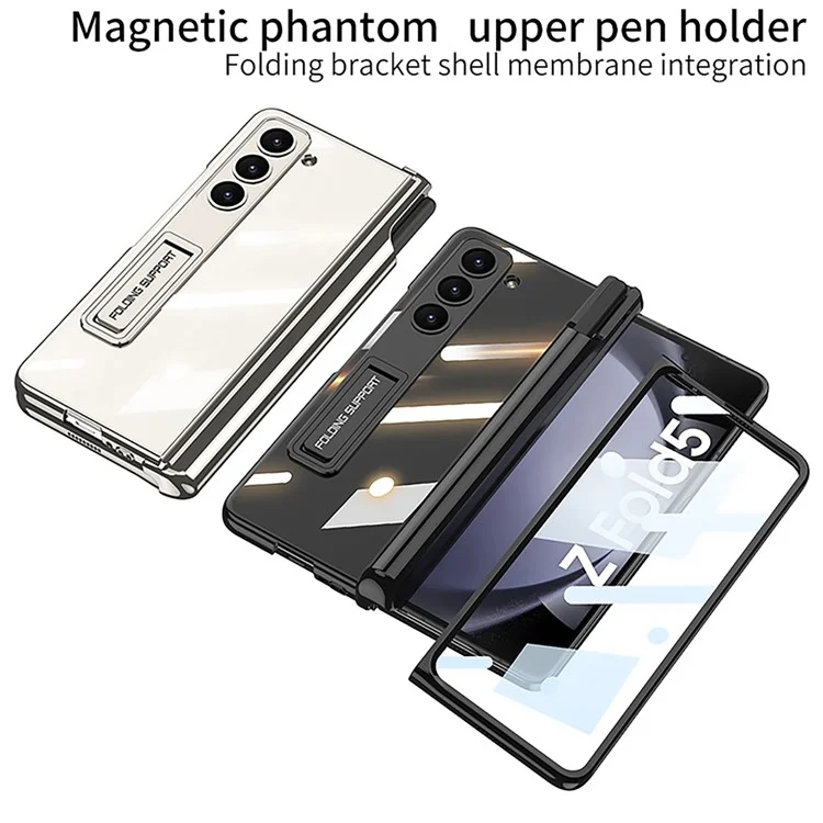 GKK Für Samsung Galaxy Z Fold5 5G Cover Pen Holder Einstellbarer Ständer PC Handyhülle mit Frontschutzfolie - Schwarz