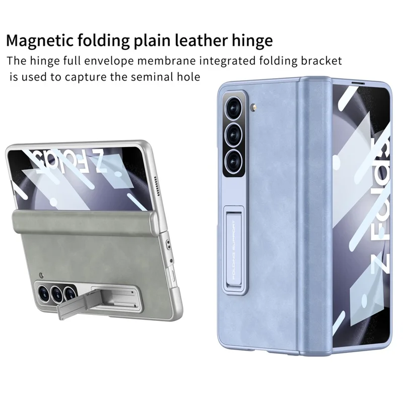 GKK Phone Case for Samsung Galaxy Z Fold5 5G Cover Leather+PC Kickstand Shell with Front Screen Film - Grey