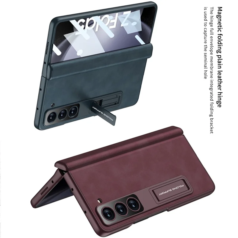 GKK Phone Case for Samsung Galaxy Z Fold5 5G Cover Leather+PC Kickstand Shell with Front Screen Film - Grey