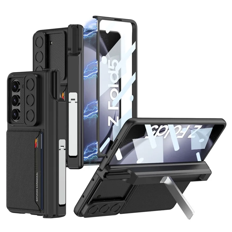GKK Para Samsung Galaxy Z Fold5 5G Capa PC Capa de Telefone com Porta-Cartões / Película de Tela - Preto