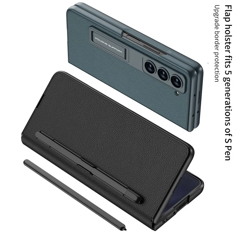 GKK For Samsung Galaxy Z Fold5 5G Case PU Leather Phone Cover with Pen Slot / Screen Protector - Black