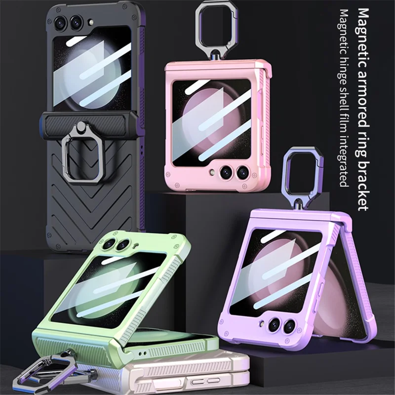 GKK para Samsung Galaxy Z Flip5 5G Funda Gancho de Metal Soporte Caso de PC Cubierta con Pequeña Película de Pantalla - Blanco
