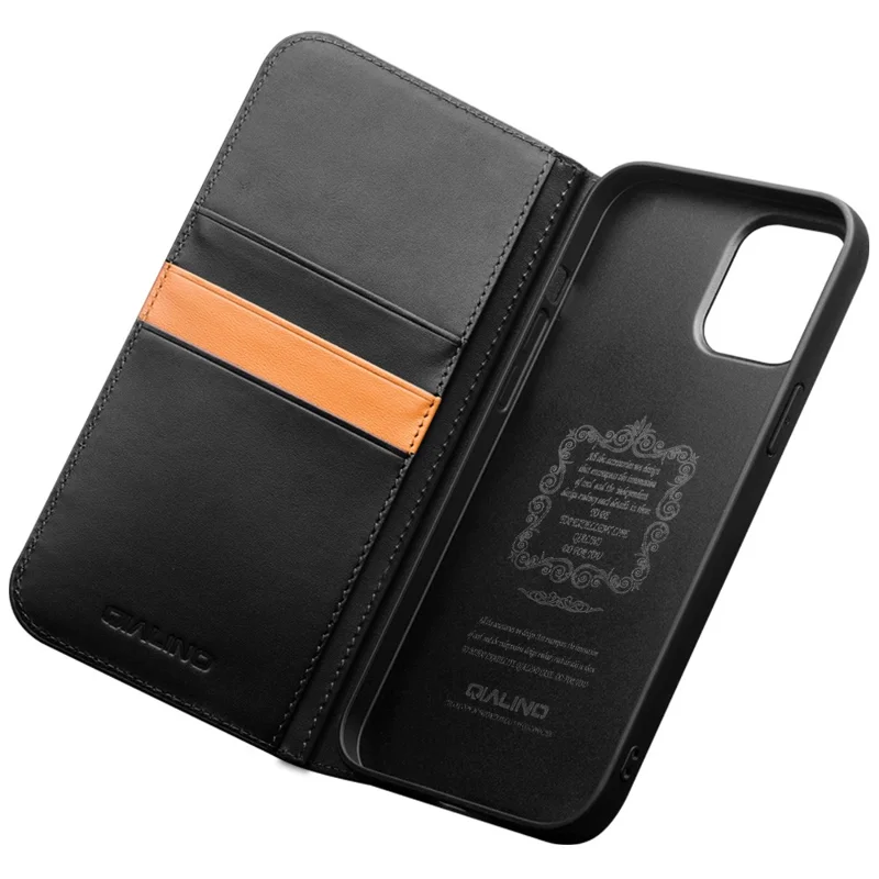 QIALINO For iPhone 15 Pro Max Case Folio Flip Genuine Cow Leather Phone Stand Cover - Schwarz
