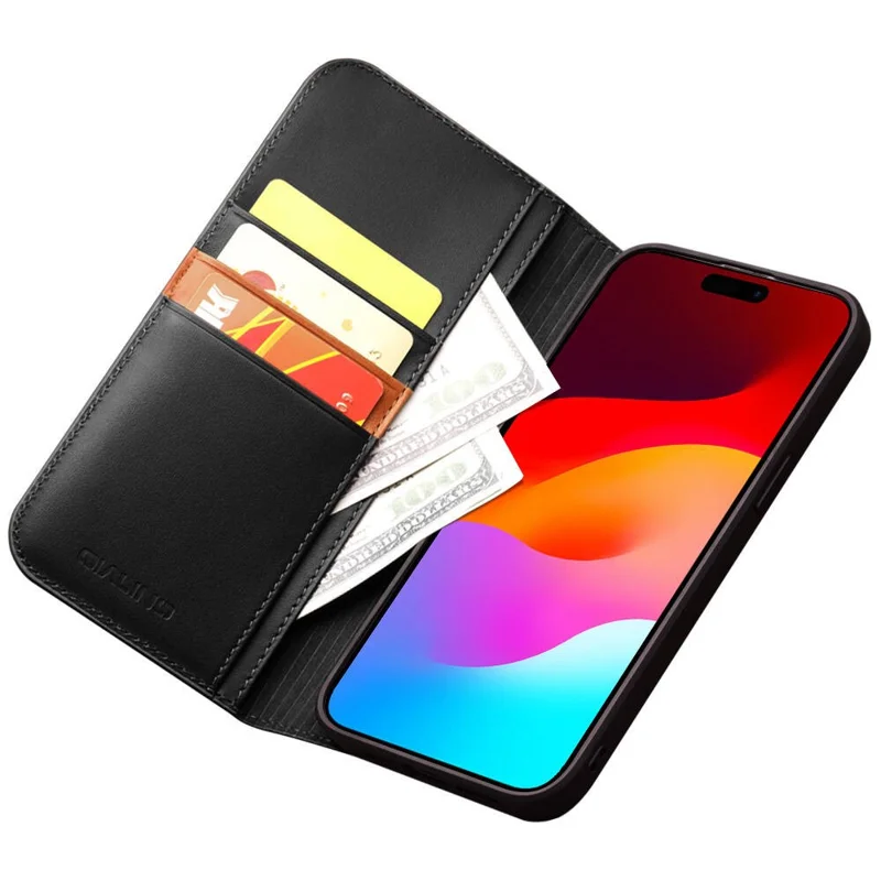 QIALINO For iPhone 15 Pro Max Case Folio Flip Genuine Cow Leather Phone Stand Cover - Schwarz
