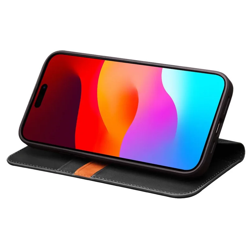 QIALINO For iPhone 15 Pro Max Case Folio Flip Genuine Cow Leather Phone Stand Cover - Schwarz