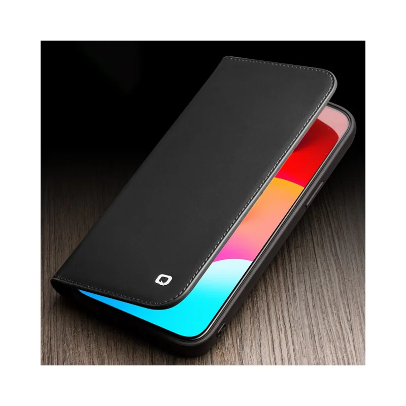 QIALINO For iPhone 15 Pro Max Case Folio Flip Genuine Cow Leather Phone Stand Cover - Schwarz
