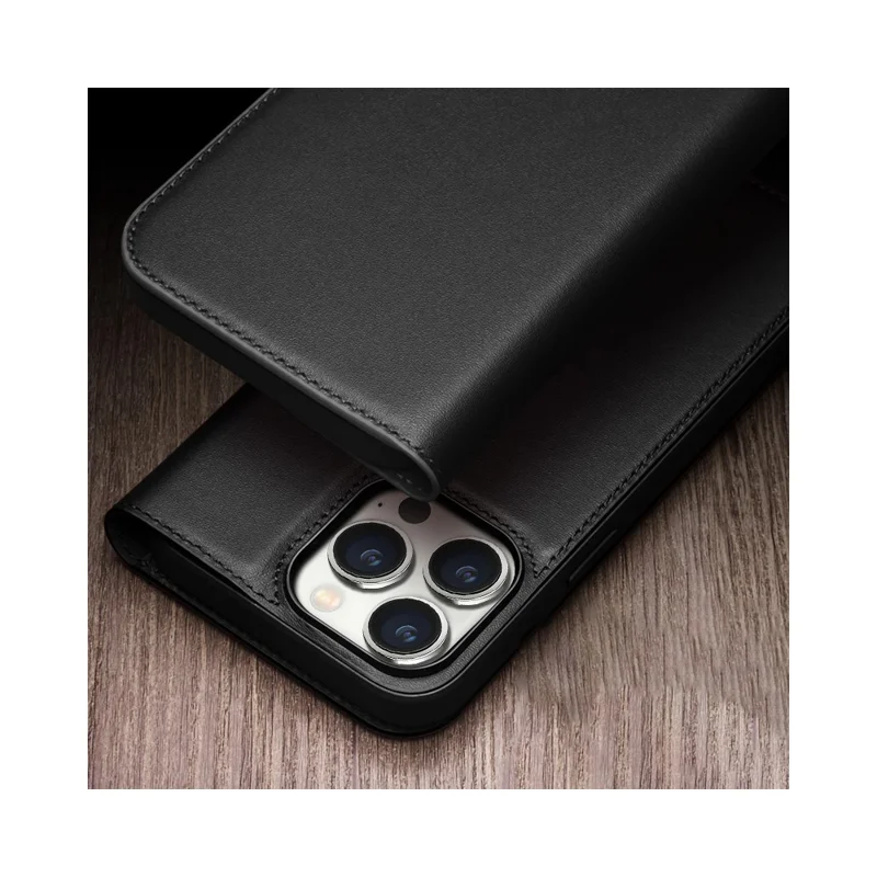 QIALINO For iPhone 15 Pro Max Case Folio Flip Genuine Cow Leather Phone Stand Cover - Schwarz