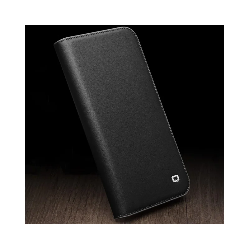 QIALINO For iPhone 15 Pro Max Case Folio Flip Genuine Cow Leather Phone Stand Cover - Schwarz