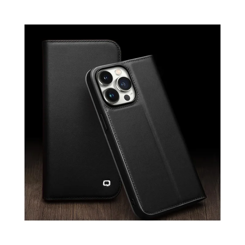 QIALINO For iPhone 15 Pro Max Case Folio Flip Genuine Cow Leather Phone Stand Cover - Schwarz