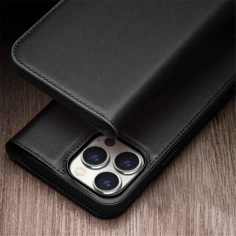 QIALINO For iPhone 15 Pro Case Drop-Proof Genuine Cow Leather Phone Stand Cover - Black