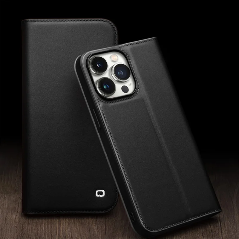 QIALINO For iPhone 15 Pro Case Drop-Proof Genuine Cow Leather Phone Stand Cover - Black