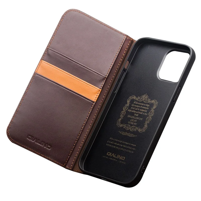 QIALINO For iPhone 15 Plus Case Phone Wallet Genuine Cow Leather Folio Flip Cover - Brown