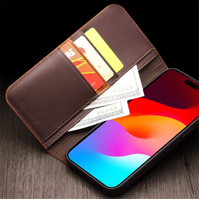 QIALINO For iPhone 15 Plus Case Phone Wallet Genuine Cow Leather Folio Flip Cover - Brown