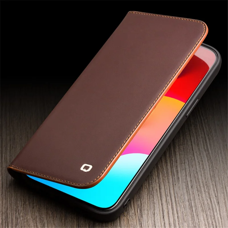 QIALINO For iPhone 15 Plus Case Phone Wallet Genuine Cow Leather Folio Flip Cover - Brown