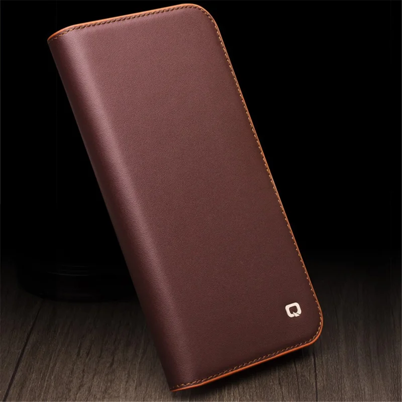 QIALINO For iPhone 15 Plus Case Phone Wallet Genuine Cow Leather Folio Flip Cover - Brown