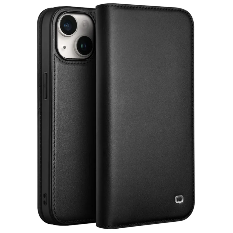 QIALINO For iPhone 15 Case Anti-Scratch Wallet Genuine Cow Leather Phone Cover - Black