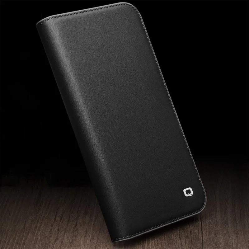 QIALINO For iPhone 15 Case Anti-Scratch Wallet Genuine Cow Leather Phone Cover - Black
