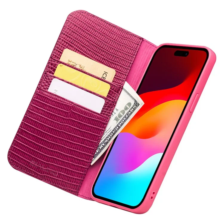 QIALINO Para iPhone 15 Pro Capa de Couro Genuíno de Textura de Crocodilo - Rosé