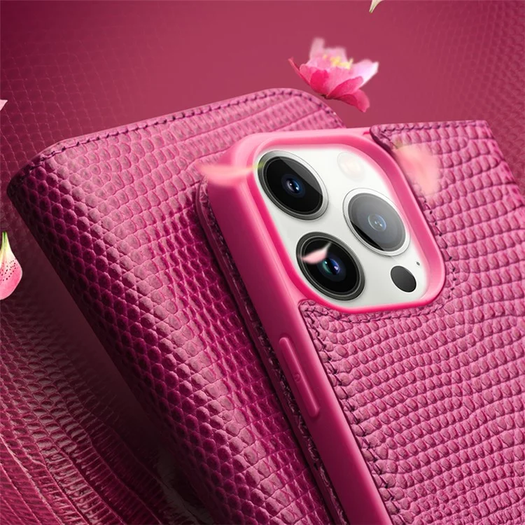 QIALINO Para iPhone 15 Pro Capa de Couro Genuíno de Textura de Crocodilo - Rosé