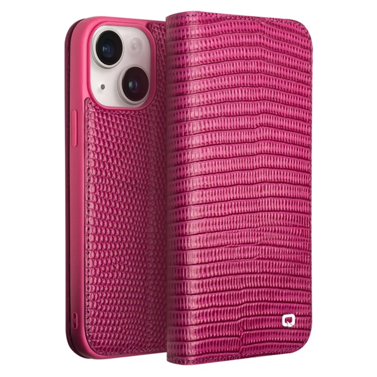 QIALINO Para iPhone 15 Plus Capa de Telefone com Textura de Crocodilo em Couro Genuíno de Vaca - Rose