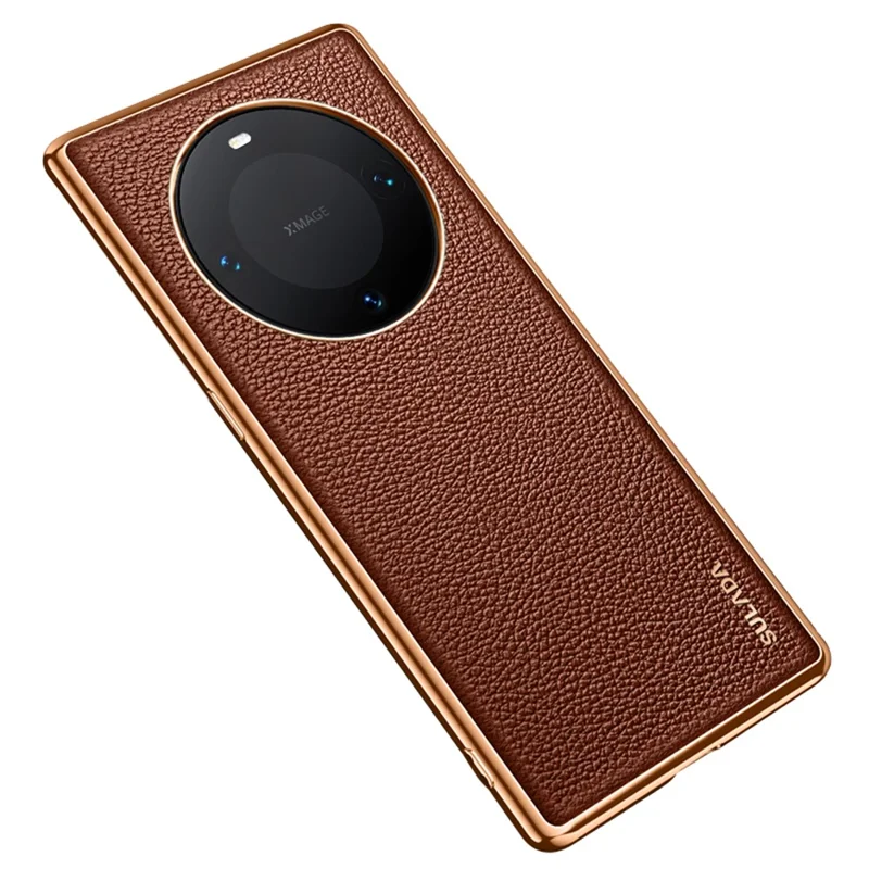 SULADA For Huawei Mate 60 Electroplating Litchi Texture Cover PU Leather Coated PC+TPU Phone Case - Brown