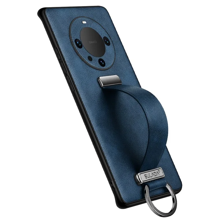 SULADA Fashion Series para Huawei Mate 60 Funda de Teléfono de Cuero Textura de Caballo Loco con Correa Retráctil y Soporte - Azul