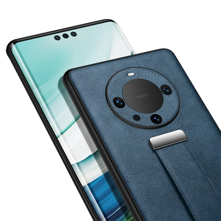 SULADA Fashion Series para Huawei Mate 60 Funda de Teléfono de Cuero Textura de Caballo Loco con Correa Retráctil y Soporte - Azul