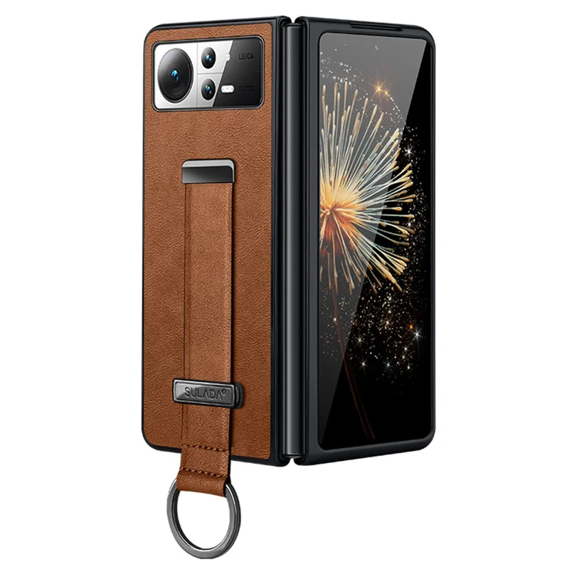 Funda SULADA Serie Fashion para Xiaomi Mix Fold 2 5G con Correa de Mano, Soporte Plegable y Cubierta de Teléfono de Cuero+PC - Marrón