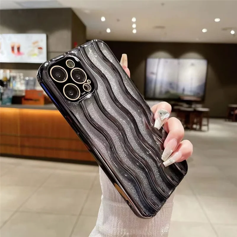 For iPhone 15 Pro PC+TPU Glitter Phone Case Wave Texture Electroplating Back Cover with Lens Film - Black