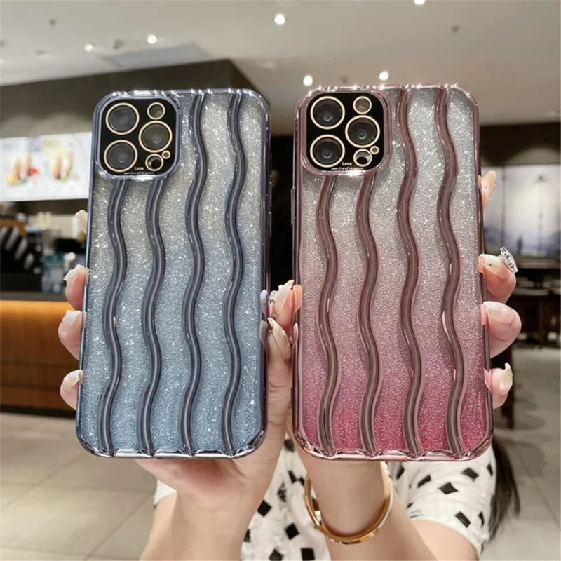 For iPhone 15 Pro PC+TPU Glitter Phone Case Wave Texture Electroplating Back Cover with Lens Film - Black