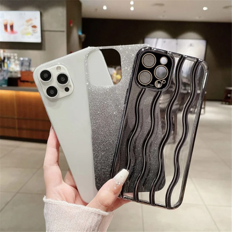 For iPhone 15 Pro PC+TPU Glitter Phone Case Wave Texture Electroplating Back Cover with Lens Film - Black