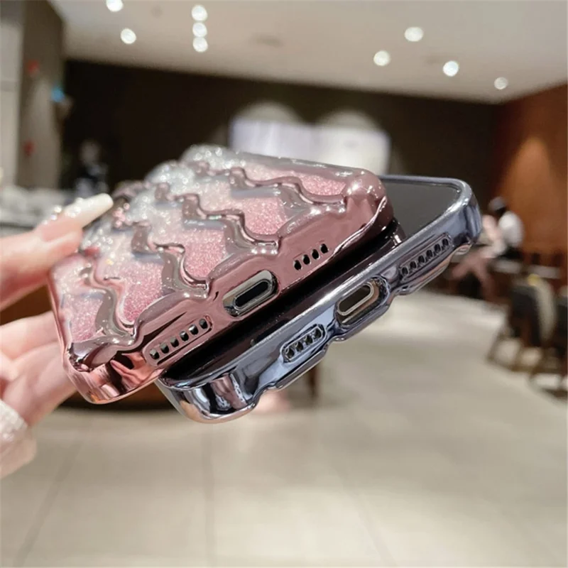 For iPhone 15 Pro PC+TPU Glitter Phone Case Wave Texture Electroplating Back Cover with Lens Film - Black