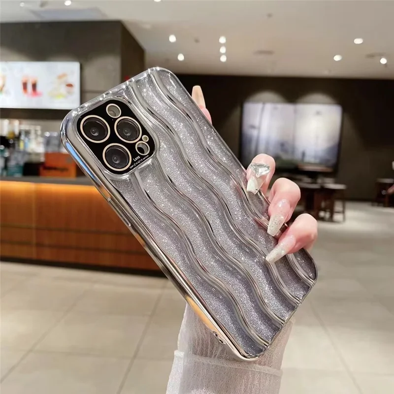 For iPhone 15 Pro PC+TPU Glitter Phone Case Wave Texture Electroplating Back Cover with Lens Film - Silver