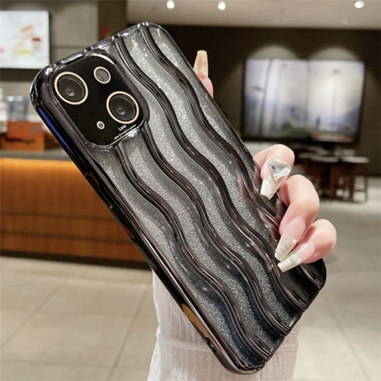 Para iPhone 15 Wave Texture Glitter Phone Case Electroplated PC+TPU Anti-scratch Cover with Lens Film - Preto