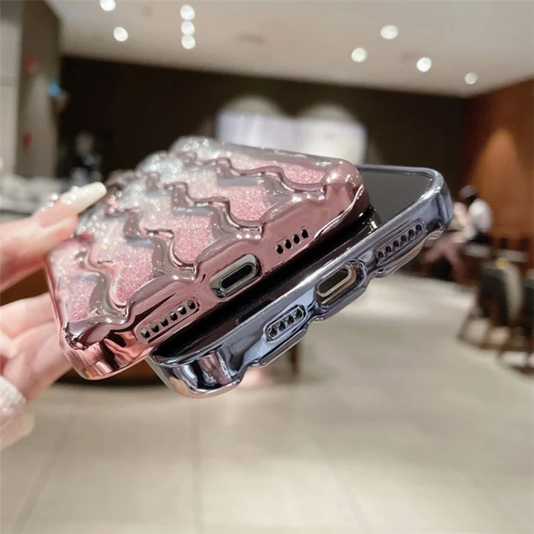 Para iPhone 15 Wave Texture Glitter Phone Case Electroplated PC+TPU Anti-scratch Cover with Lens Film - Preto