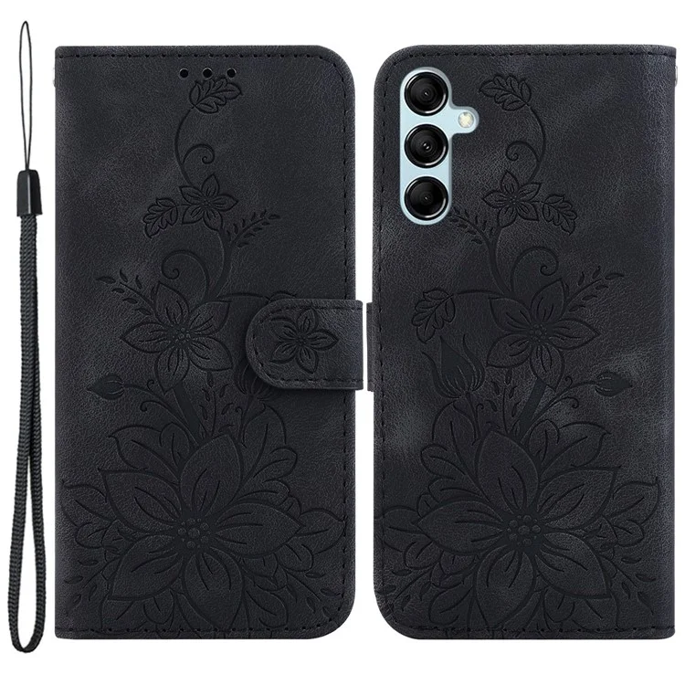 Für Samsung Galaxy M34 5G / F34 5G Leder-Brieftaschenhülle mit Ständer, eingeprägte Lilie Blume Telefonabdeckung - Schwarz