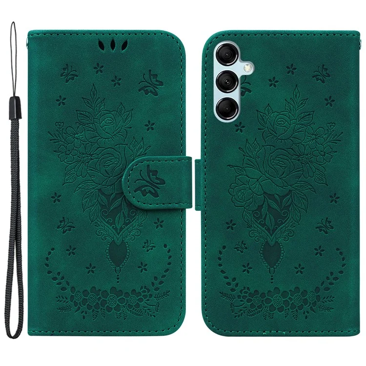Para Samsung Galaxy M34 5G / F34 5G Rose Butterfly Imprint Phone Case Leather Wallet Stand Cover - Verde