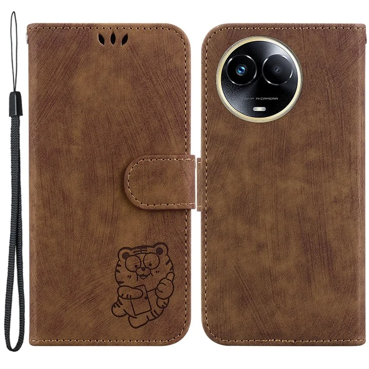 Cute Tiger Imprint Phone Case for Realme 11x 5G / 11 5G (Global) , Wallet Stand Anti-drop Leather Cover - Brown