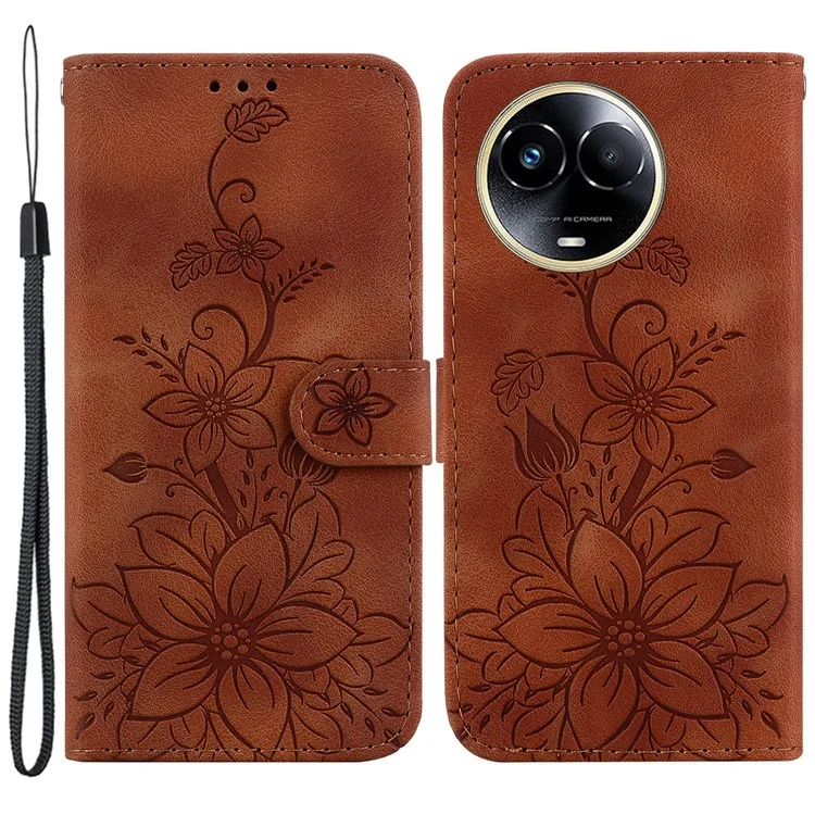 For Realme 11x 5G / 11 5G (Global) Wallet Case Imprinted Lily Flower PU Leather Phone Stand Cover - Brown
