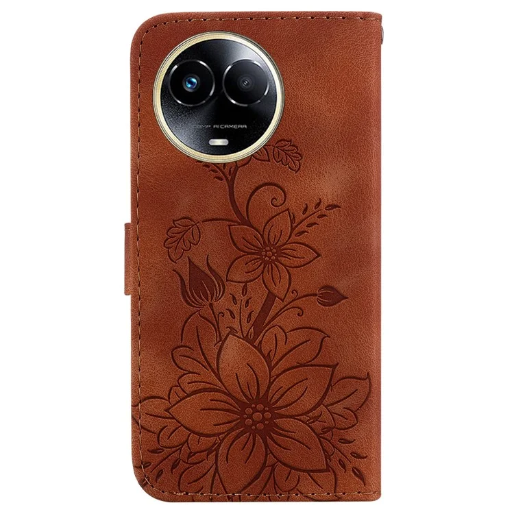 For Realme 11x 5G / 11 5G (Global) Wallet Case Imprinted Lily Flower PU Leather Phone Stand Cover - Brown