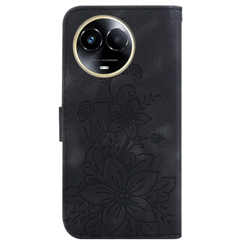 For Realme 11x 5G / 11 5G (Global) Wallet Case Imprinted Lily Flower PU Leather Phone Stand Cover - Black