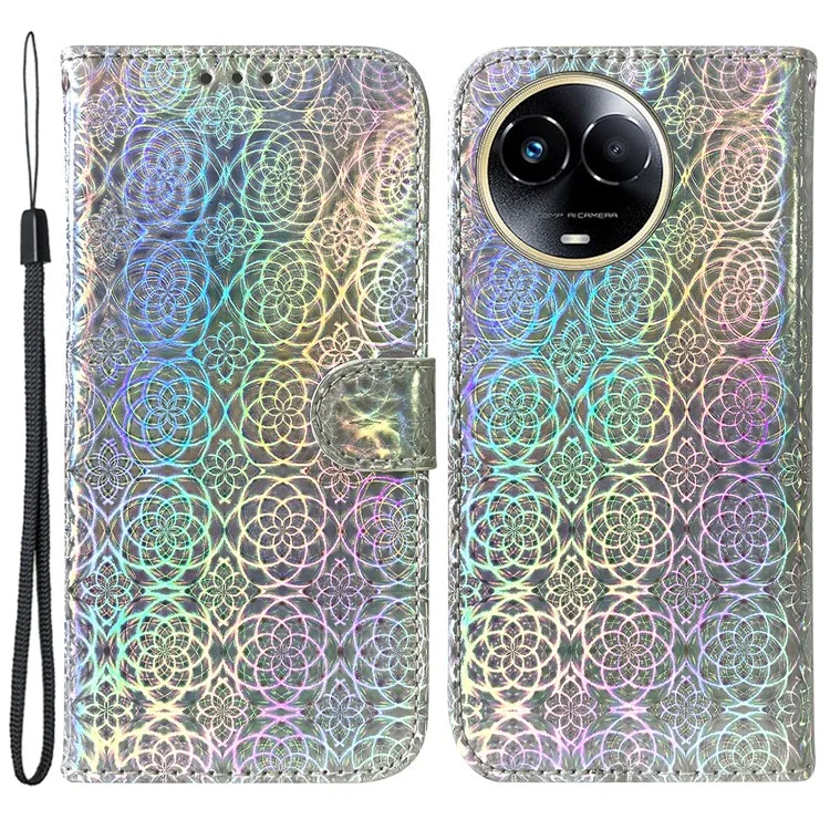 Für Realme 11x 5G / 11 5G (Global) Wallet Case Funkelndes Blumenmuster Handyhülle PU-Leder Ständer Cover - Grau