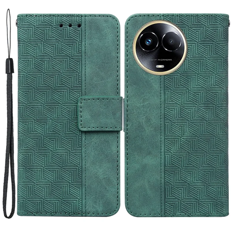 Geometry Imprinted Phone Case for Realme 11x 5G / 11 5G (Global) , Wallet PU Leather Stand Phone Cover - Green