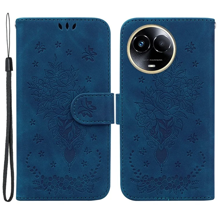 Pour Realme 11x 5G / 11 5G (Global) Étui portefeuille en cuir Rose Papillon Imprimé Flip Stand Cover - Bleu