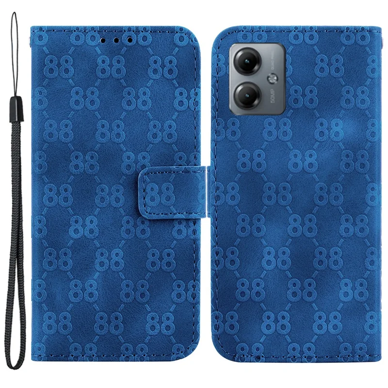 For Motorola Moto G14 4G Leather Wallet Stand Case Double 8-Shape Imprint Anti-shock Phone Cover - Dark Blue