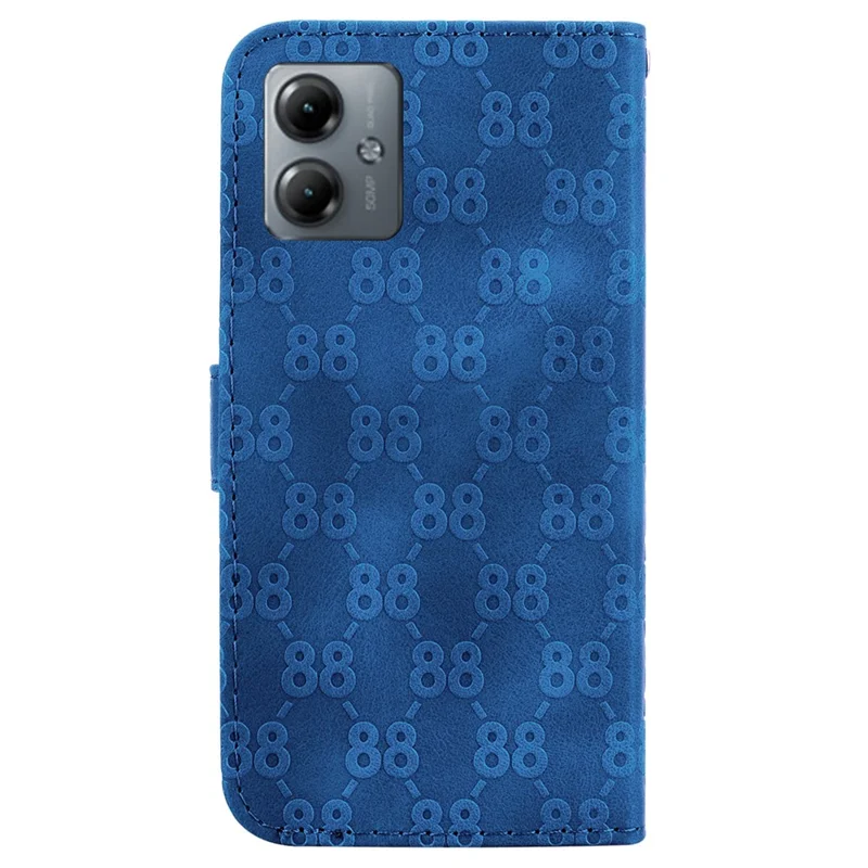 For Motorola Moto G14 4G Leather Wallet Stand Case Double 8-Shape Imprint Anti-shock Phone Cover - Dark Blue
