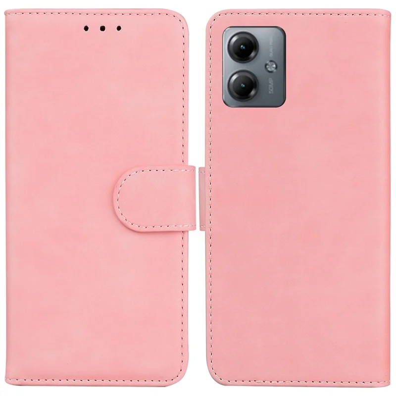 Solid Color Leather Cover for Motorola Moto G14 4G Shockproof Wallet Stand Phone Case - Pink