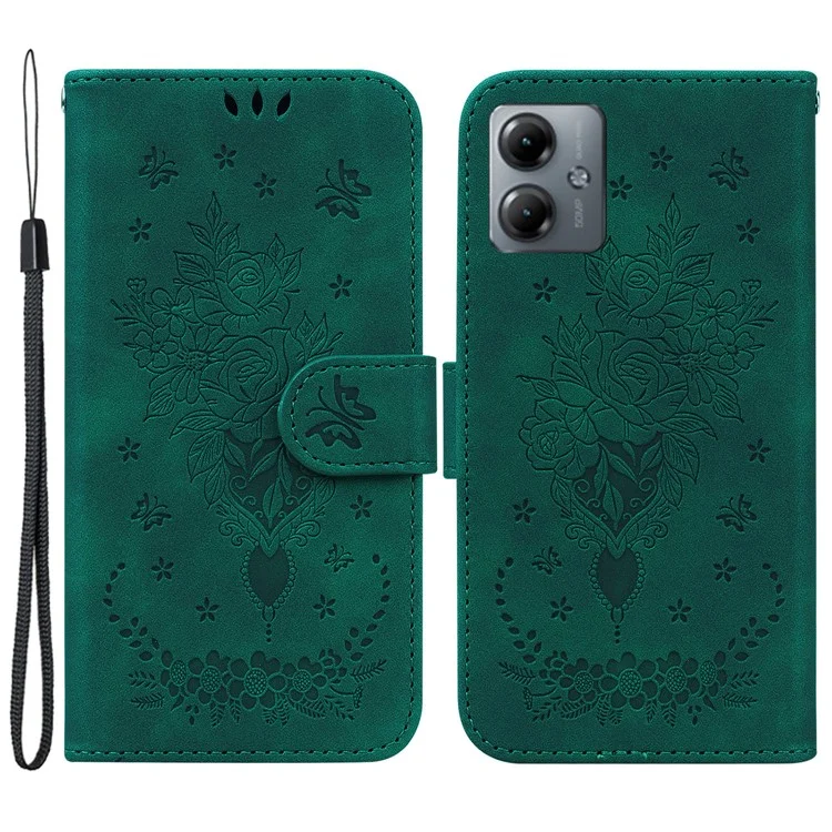 Pour Motorola Moto G14 4G Étui portefeuille en cuir PU avec motif rose et papillon en relief - Vert