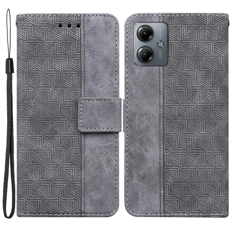 PU Leather Case for Motorola Moto G14 4G , Stand Phone Wallet Cover with Geometry Imprinted - Grey